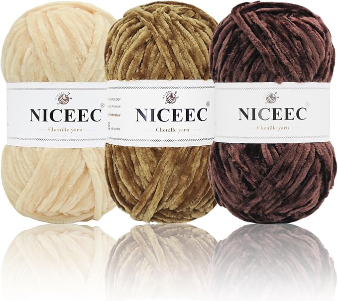 NICEEC 3 Skeins Soft Chenille Yarn 3 x85m (3X 93yds, 3X 50g)_Brown Series