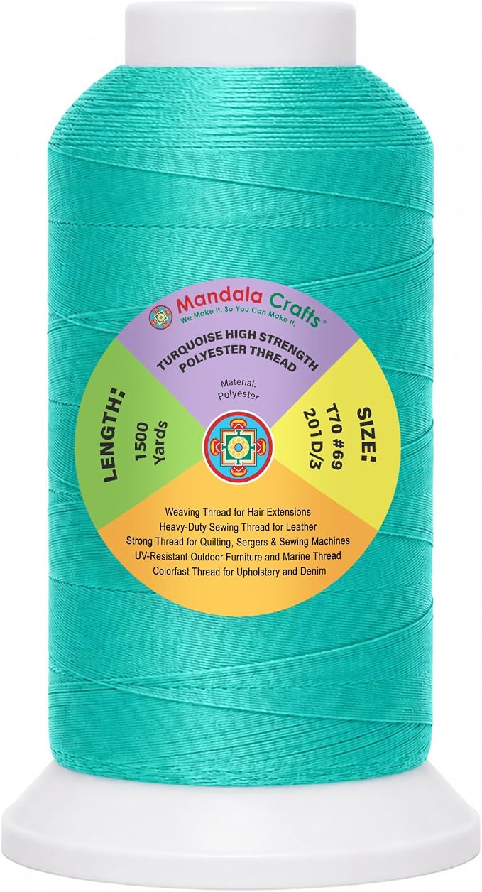 Mandala Crafts Turquoise Tex 70 Polyester Heavy Duty Thread for Upholstery | 1500 Yds T70 UV Resistant Strong Thread for Leather Sewing, Marine, Drapery, Jeans, Hair Weaving & Extension, Outdoor