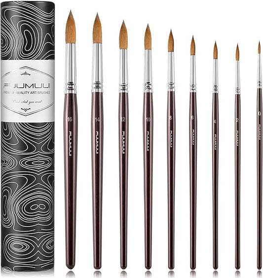 Sable Watercolor Brushes 9pcs Professional Superior Kolinsky Watercolor Paint Brushes for Artists Round Pointed Oval Wash for Watercolor Acrylics Gouache Inks Painting