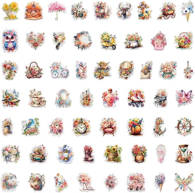 55Pcs Vintage Watercolor Floral Stickers,PET Transparent Flowers Sticker Waterproof Decorative Decals for Journaling, Decoupage, Planners, laptops, Phone Case, Gift & Card Making(Colourful-F1)