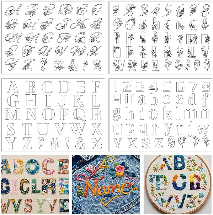 ORIGACH 4 Sheets 143 Pcs Water Soluble Embroidery Patterns Stabilizers - Pre-Printed Letter, Number & Floral Hand Sewing Stabilizers- Stick & Stitch Embroidery Patterns for Hand Sewing Beginner