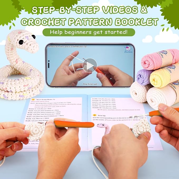 Crochet Kit for Beginners, Beginner Crochet Kit for Teenagers Adults with Step-by-Step Video Tutorials, DIY Crochet Animal Kits Knitting Supplies, Snake (40%+ Yarn)