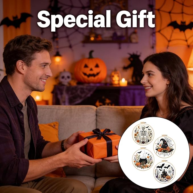 Halloween Embroidery Kit, Skeleton Cross Stitch Kits, 4 Set Craft Kits for Beginners with Pre-Printed Embroidery Fabric, Hoops, Step-by-Step Instructions, Color Threads & Needles (Halloween-4 Set)