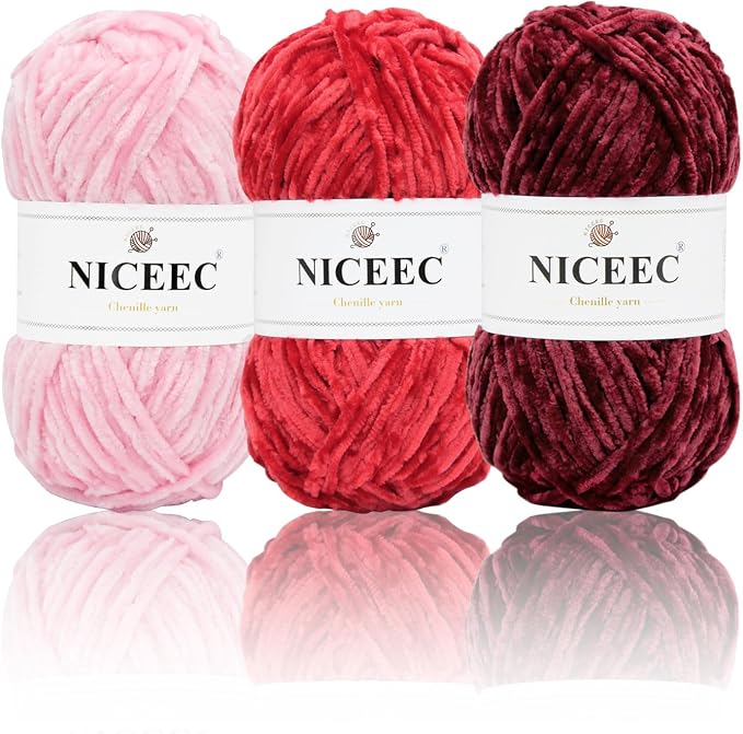 NICEEC 3 Skeins Soft Chenille Yarn 3 x85m (3X 93yds, 3X 50g)_Red Series