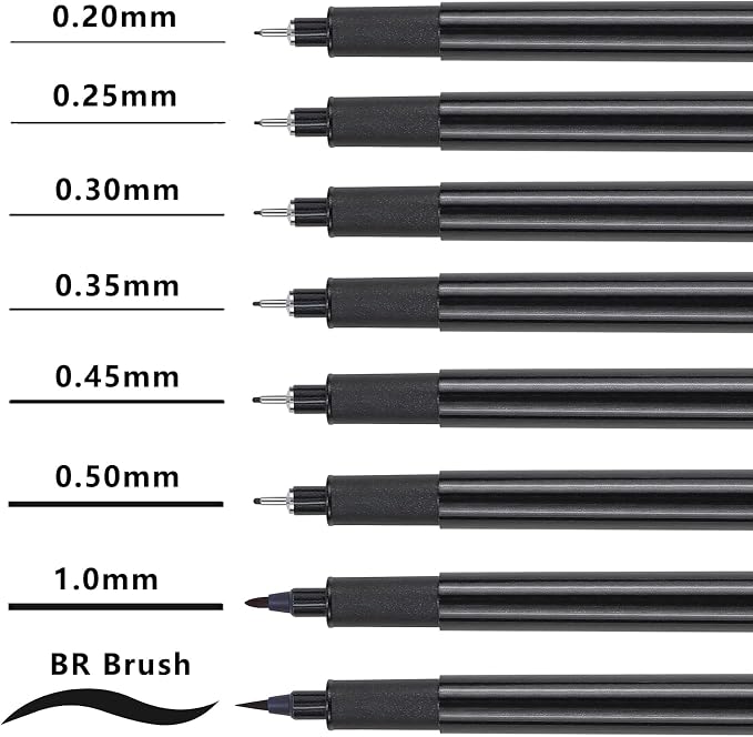 Muchcute Micro Fineliner Drawing Art Pens: 8 Black Artist Supplies Adults | Waterproof Archival Ink Set Fine Line Markers Liner,Sketch Outline Anime Gifts Manga Sketching Watercolor Zentangle Kit Stuff