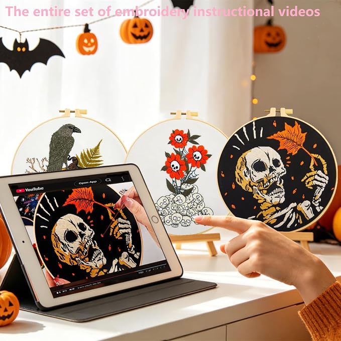 Gothic Halloween Embroidery Starter Kit for Beginners Adults, Stamped Cross Stitch Kit Needlepoint Kit for Beginner Adult, 3 Embroidery Hoop 3 Set Embroidery Supplies (Attached Teaching Video QR Code)