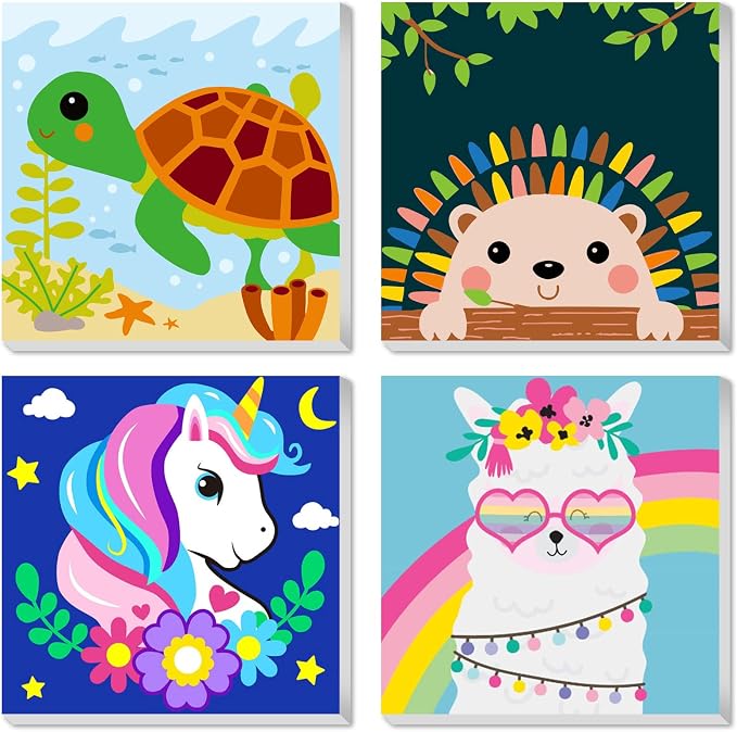CarlonLin Framed 4 Pack Paint by Number for Kids, Paint by Numbers for Kids Ages 8-12, Paint by Numbers Kits Children Beginner, DIY Acrylic Oil Painting for Home Wall Decor (8x8inch)