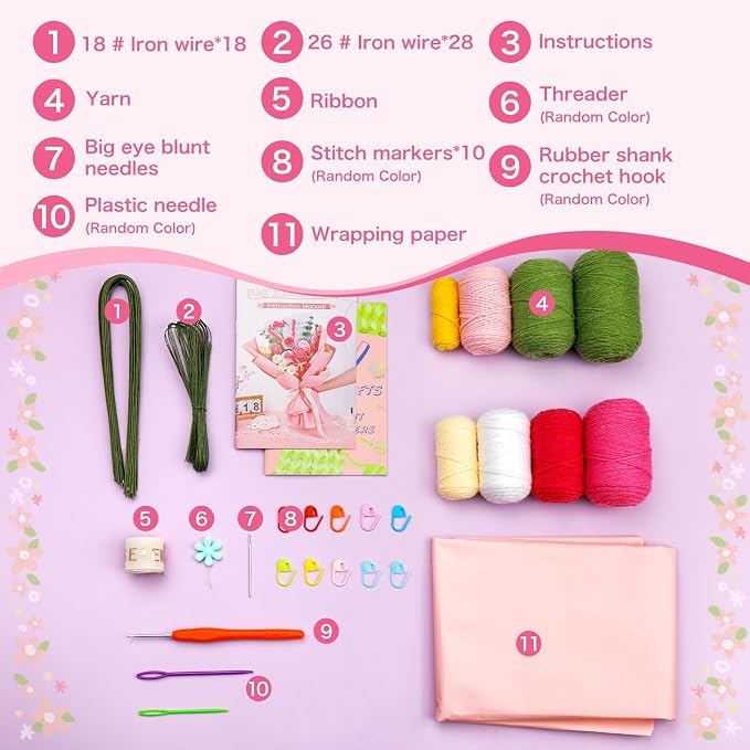 Iuuidu Crochet Kit for Beginners, Rose-Pink Flower Bouquet Crochet Kit