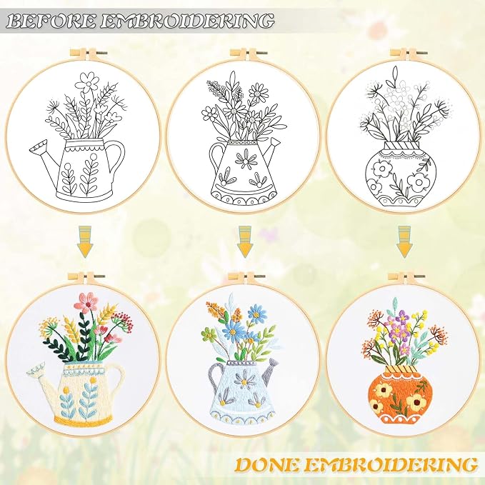 GLTAYLMY 3pcs Embroidery Starter Kit with Vase Pattern, Stamped Cross Stitch Kits for Beginners Adults with Embroidery Hoop and Instructions, Hand Embroidery Kit