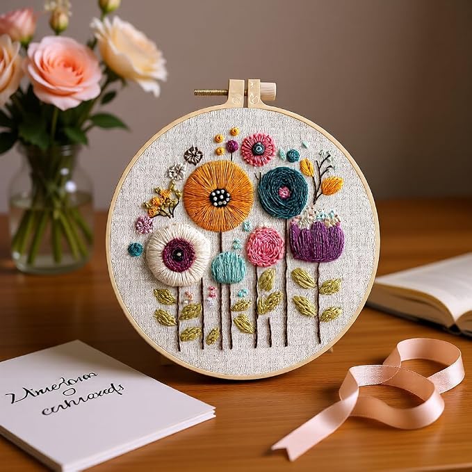 Embroidery Kit for Beginners & Adults Starter Kit, Cross Stitch Kits,DIY Hand Embroidery Needlepoint Set with Hoop, Pre-Printed Fabric, Threads and Instructions (Flower-3)