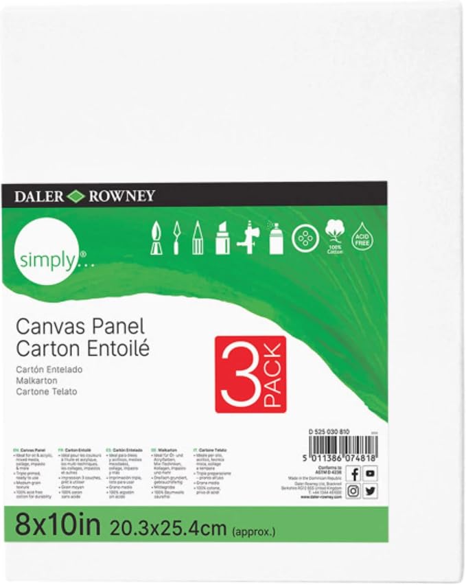 Daler-Rowney Simply Canvas Panel, 8x10 inches, 3 Pack - Artist Canvas for Oil, Acrylic, Pouring & Mixed Media - 100% Cotton, Triple Primed