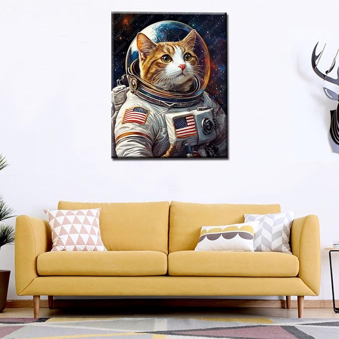 Tucocoo Cat DIY Paint by Numbers for Adults Cat Astronaut DIY Digital Oil Painting Acrylic Paint Planet Outer Space Painting Kits Canvas Wall Art Funny Room Decor 16x20 Inch （DIY Frame ）