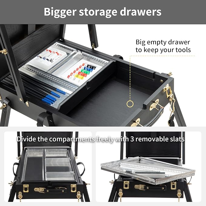 Falling in Art 4 Legs Portable Beechwood French Easel, Black | Plein Air Easel with Bigger Storage Drawer, Full Size Sketchbox Travel Easel for Painting, Drawing, Artwork
