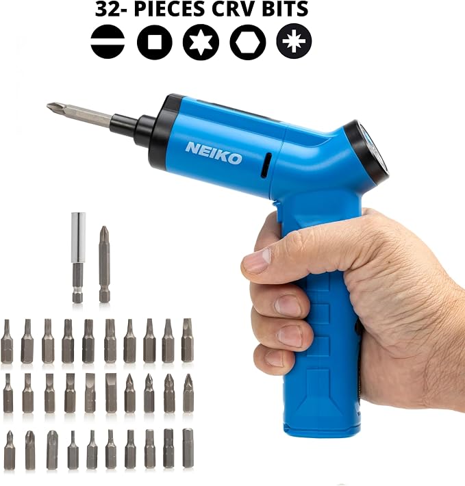 NEIKO 10580A Electric Screwdriver, 34pc Rechargeable Cordless Screwdriver Set, 1/4” Hex Shank 3.6V Lithium Ion Power Screwdriver, 3 LED Lights, USB C Charger Included, Mini Screw Driver