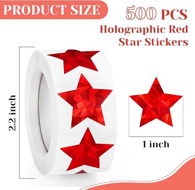 Imeepa 500PCS Holographic Red Star Stickers, 1" Reward Labels for Kids