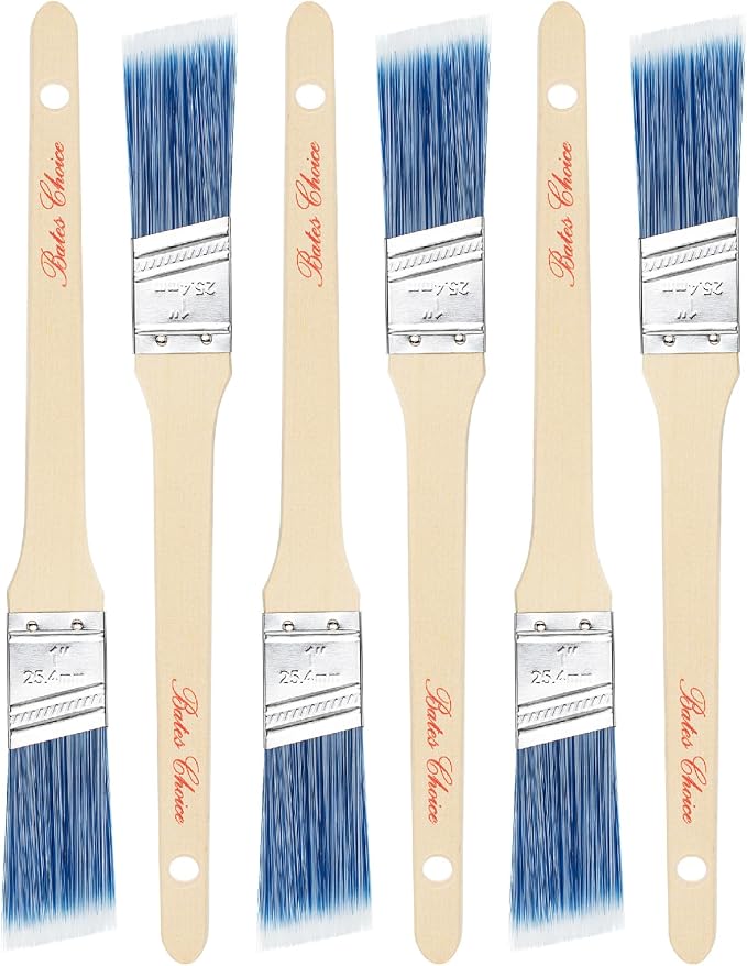 Bates Angle Paint Brushes, 1-Inch, 6 Pack - Treated Wood Handle, Stain & Wall Brushes for Painting Furniture & Walls