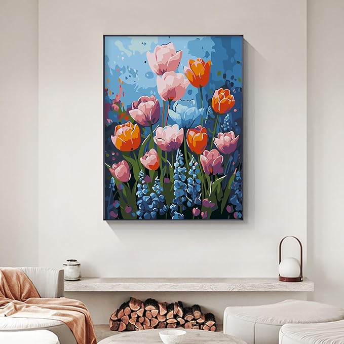 Yezavesu Flowers Framed Paint by Numbers Kit for Adults Beginner | With Frame Canvas 12x16 Inch, DIY Acrylic Painting by Numbers Colorful Flower, Stress Relief Craft Kits, Home Wall Decor Gift