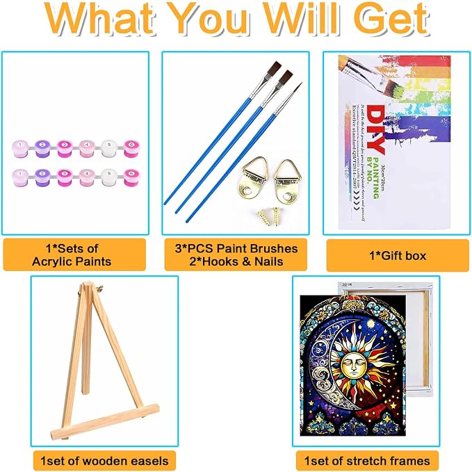 Meothan Framed Paint by Numbers Kits for Adults 12x16in with Wooden Easel | Adult Paint by Number on Canvas, DIY Sun Moon Acrylic Oil Painting Kits with Brushes for Home Wall Decor (30x40cm)