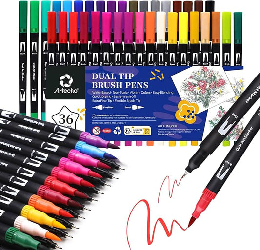 Artecho 36 Colors Dual Tip Markers for Adult Coloring Books | Drawing Pens For School, Fine and Brush Tip, Calligraphy, Drawing, Sketching