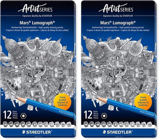 STAEDTLER Mars Lumograph Art Drawing Pencils – Sustainable,Break-Resistant Graphite,Metal Case,12 Count (Pack of 2)