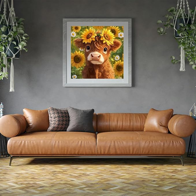 MBNTJHT Highland Cow Paint by Numbers Kit for Adults,Cute Cow and Flowers Paint by Number Kits on Unframed Canvas,DIY Watercolor Acrylic Art Painting Kits for Home Decor Gifts 16X16 Inch.