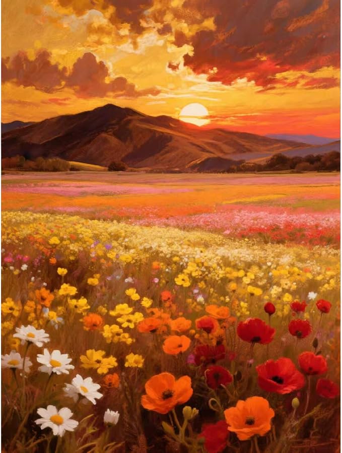 pchmcu Landscape Paint by Numbers Kit for Adults Beginner - Mountain Sunset Adult Paint by Number Kits on Canvas,Flower Oil Paint by Numbers for Home Decor Gift 16x20 inch