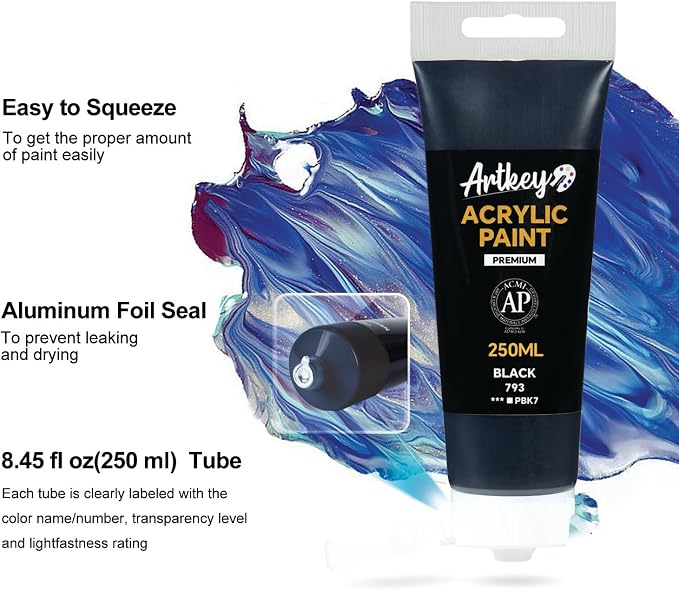 Artkey Acrylic Paint - Black (250 ml/8.45 oz) Tubes, Rich & Vibrant Pigments, Professional Artists Acrylic Paints - Art Supplies for Canvas Wood Rock Clay Fabric Ceramics Art Crafts Painting
