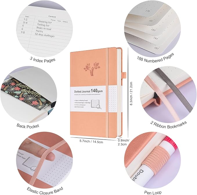 Bullet Dotted Journal Kit, 140gsm Dot Grid Notebook with 188 Numbered Pages