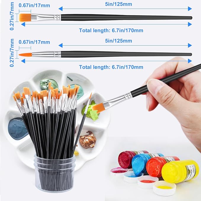 AROIC 200 Pcs Acrylic Paint Brushes, Round Flat Tip Nylon Hair Brush Bulk | Professional Oil Watercolor Artist Painting Brushes, Adult Drawing Kit for Canvas Rock Painting Art Supplies Black