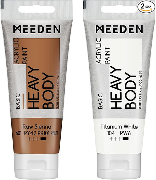 MEEDEN Acrylic Paint Raw Sienna: 100ml/3.38oz x 2 with Titanium White | Heavy Body Artist Acrylic Paint Set for Canvas, Wood & Craft, Non-toxic Creamy Art Paint with Titanium White for Mixing
