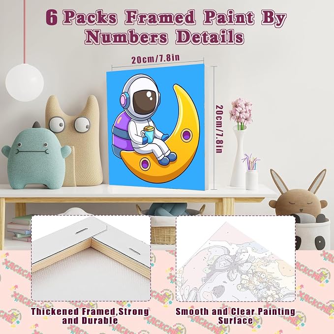 MXCFZX 6 Pack Paint by Numbers Kit for Kids with Frame,Cartoon Rocket Ship Painting Kits for Ages 6-12,Alien Easy DIY Acrylic Paint by Number Kids Paint for Beginner,Perfect for Wall Decor(8X8inch)