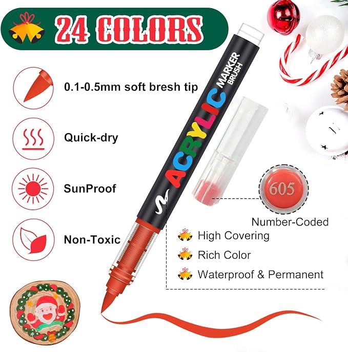 Amamao 24 Colors Soft Brush Tip Acrylic Paint Markers for Wood Rock Canvas