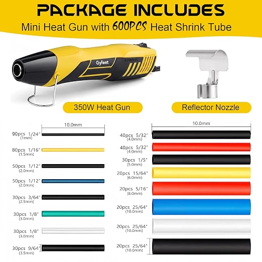 600Pcs Heat Shrink Tubing Kit with 350W 2-Temp Mini Heat Gun (5FT)