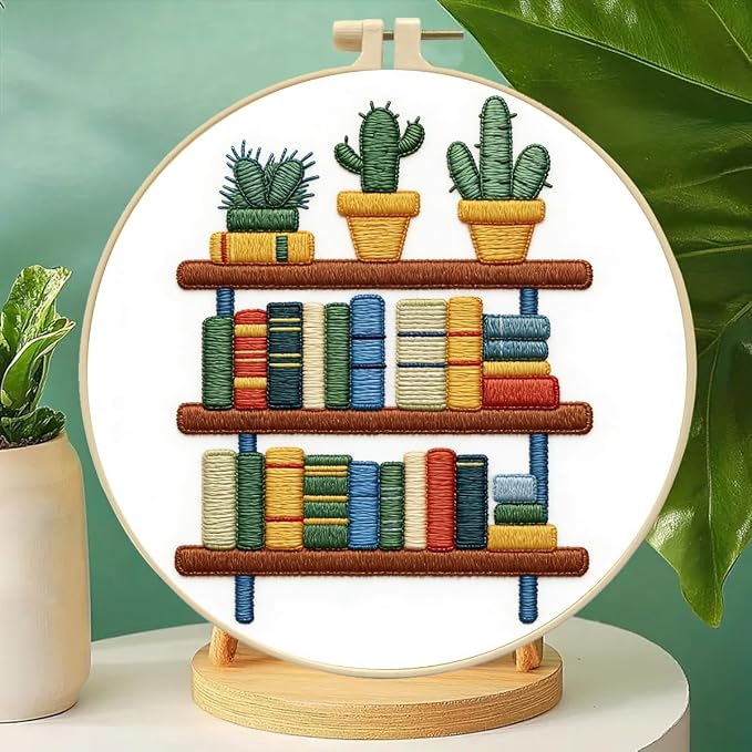 Zhenqing Book Lover Embroidery Kit for Beginners, Bookshelf & Cactus Needlework Craft with Pre-Printed Cotton Fabric, Hoop, Threads & Tools, Reading Nook Decor (C0072)