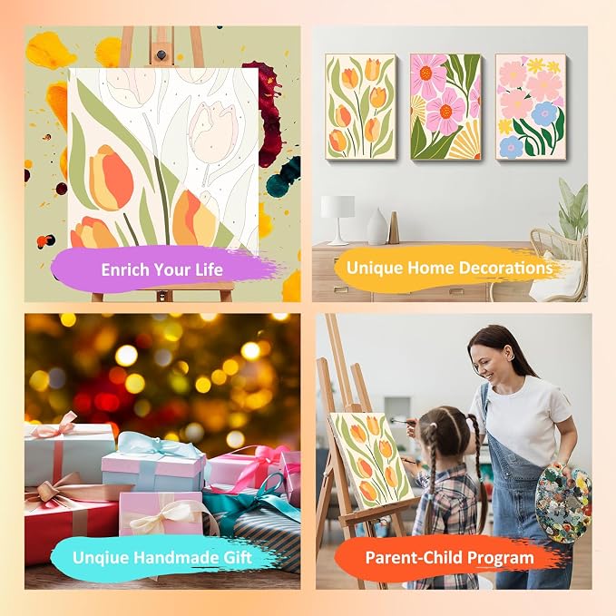 Mandun 3 Pack Paint by Numbers Kit for Adults with Frame, Easy Flower Paint by Numbers, Adult Gift Craft Kits 7.8x11.8 Inch with Frame and Easel