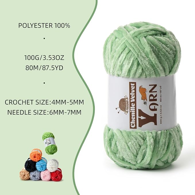 Chenille Crochet Light Green Yarn 2 Pack