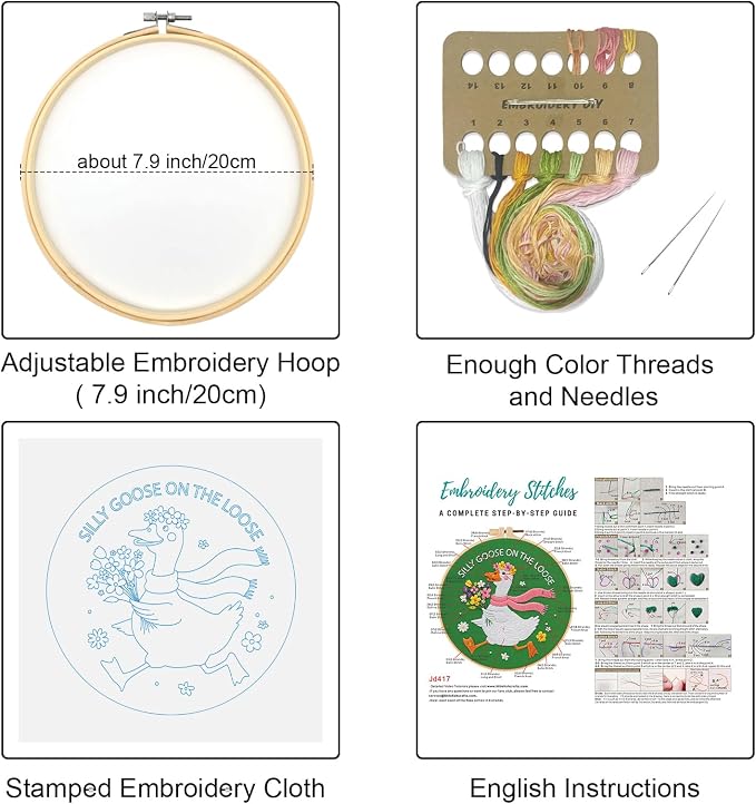 Louise Maelys Silly Goose Embroidery Kit for Beginners, Floral DIY Craft | Includes Pre-Printed Fabric, Embroidery Hoop and Threads. Cross Stitch Kits for DIY Crafts. Needlepoint Kit for Stitching