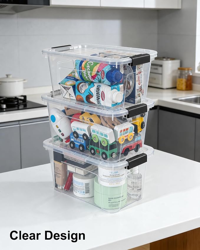 EOENVIVS Plastic Storage Bins with Lids 6 Pack, 7 Quart Storage Containers With Black Buckle Latch, Stackable Storage Organizers for Home Pantry Office Classroom Organization, Clear
