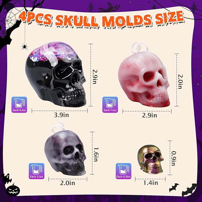 LET'S RESIN 3D Skull Resin Molds, 4 Size Silicone Mold Set for Epoxy Resin | for Candle Wax, Soap, Clay and Keychain Casting, DIY Craft Mold for Gothic Decor, Halloween Decorations and Gifts