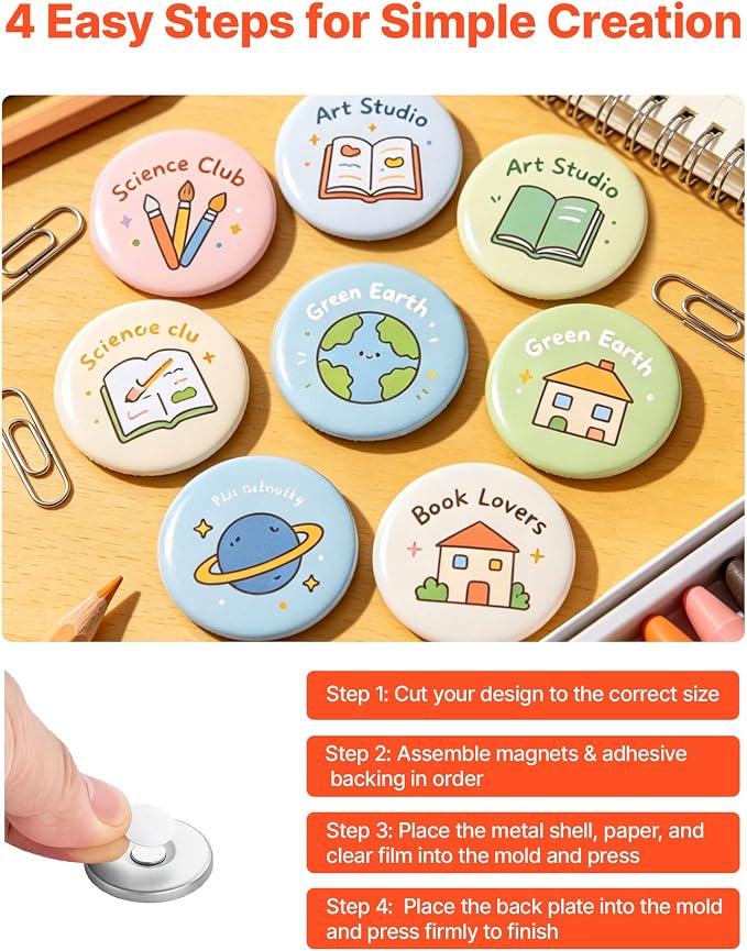 VEVOR Button Maker Supplies 50 Sets 1.25 in / 32 mm Refrigerator Magnets, Button Parts with Magnetic Backs, Metal Shells, Clear Mylar Films, and Blank Circle Papers, for Home DIY and Kitchen Decor