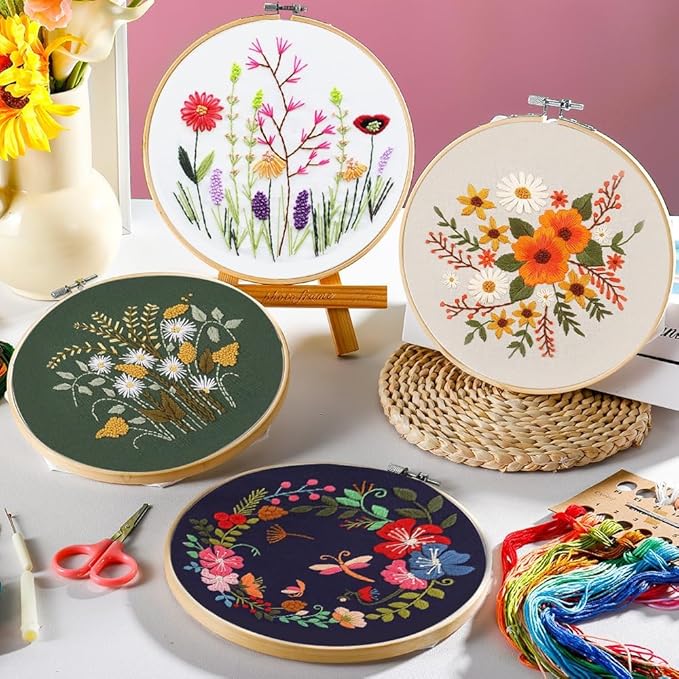 wtisan 4 Pack Embroidery kit for Beginners Cross Stitch Kits for Adults | DIY Needlepoint Kits with Flower Patterns, Embroidery Tools, Threads, Step by Step Instructions, Hand Craft Lover Gift