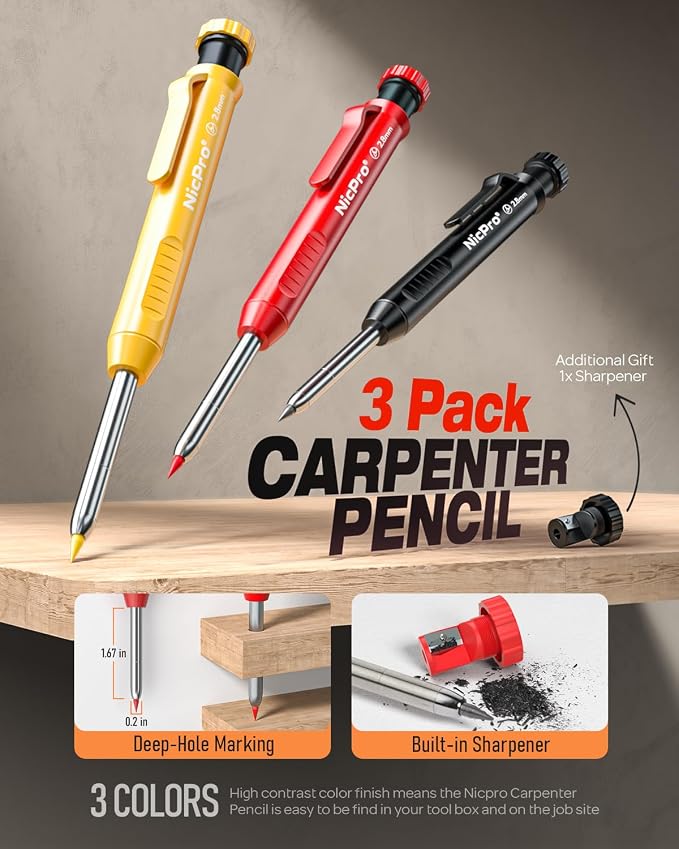 Nicpro 3 Pack Carpenter Pencils with Sharpener, Pencils for Construction