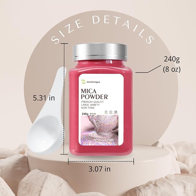 Mica Powder, Apricot Pink, 240g with Scoop, Complies with ASTM D-4236 | For Epoxy Resin, Soap, Bath Bomb, Candle| Safety Material| Odorless| Brilliant Colors