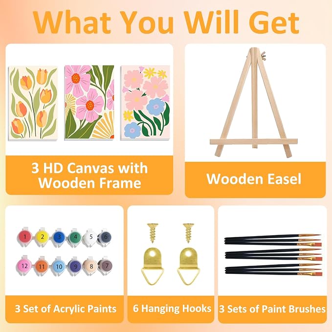 Mandun 3 Pack Paint by Numbers Kit for Adults with Frame, Easy Flower Paint by Numbers, Adult Gift Craft Kits 7.8x11.8 Inch with Frame and Easel