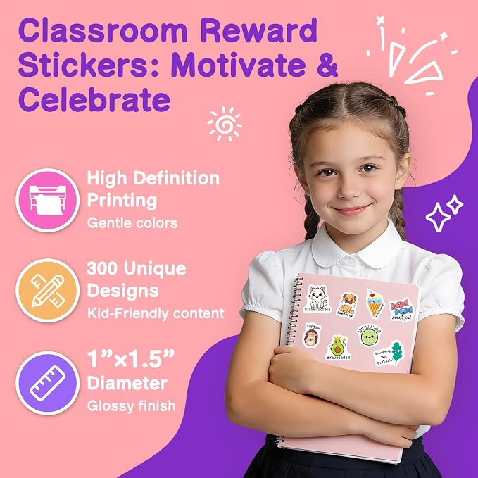 300pcs Teacher Stickers for Kids Classroom Must Haves | Teacher Supplies with Unique Designs - Perfect for Classroom Rewards & Home Encouragement