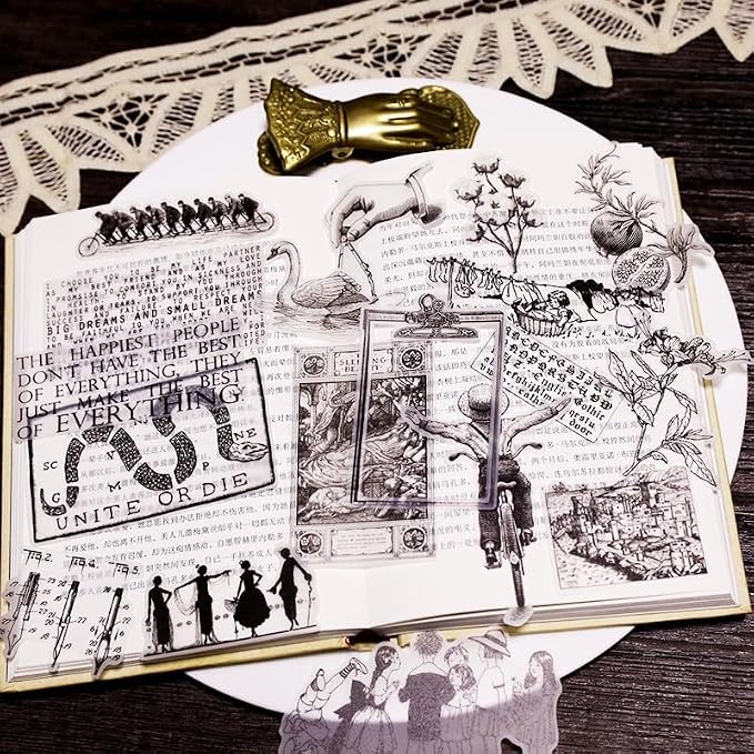 CATaireen Vintage Junk Journal Ephemera Scrapbooking Supplies Translucent Vellum Paper Stickers Card Making Decal Art Aesthetic for Adults (Character Dark -3)