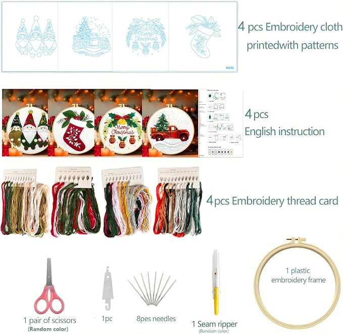Zhenqing Christmas Embroidery Kit for Beginners - 4 Piece 29x29cm Round Hoop Art with Pre-Printed Cotton Fabric, Embroidery Hoop, Threads & Tools (Merry Christmas, Stocking, Truck, Gnomes)