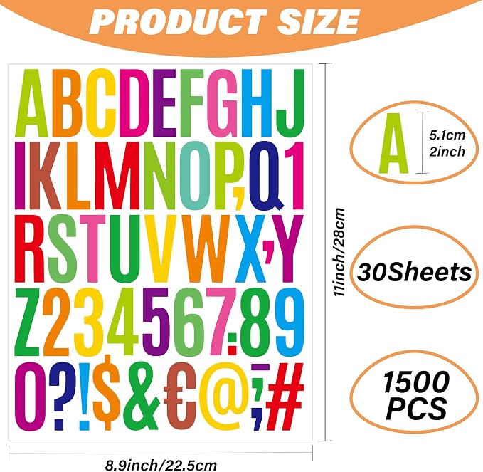 Letter Stickers 30 Sheets 1500 PCS Large Alphabet Sticker 2 Inch Vinyl Self Adhesive Stick on Stickers for Water Bottles Cup Mailbox Number Address Craft Scrapbooking Bulletin Board Decor (5 Colors)