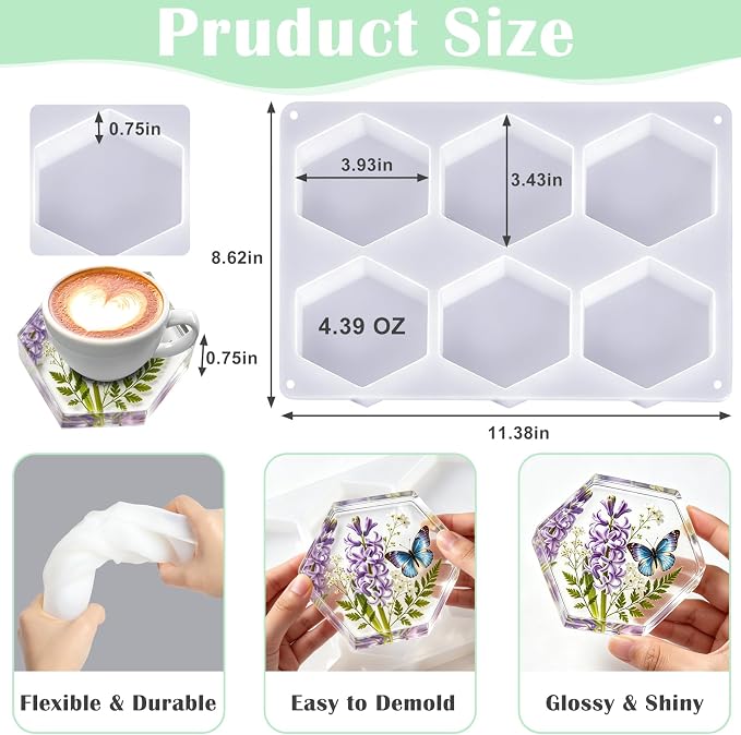 YOILES Deep Coaster Resin Molds Silicone,Epoxy Resin Molds | Hexagon Silicone Molds for Resin Casting Craft Mold for Flower Preservation DIY Art(Hexagon)