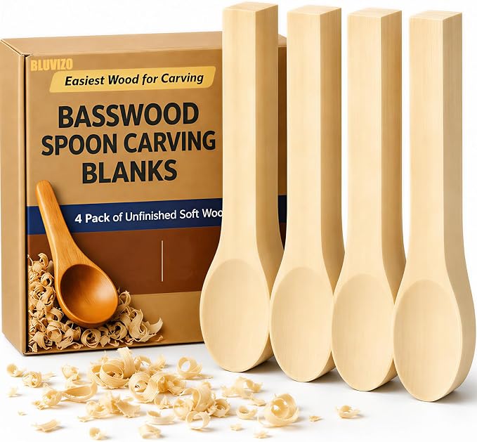 Basswood Spoon Carving Blanks 4 Pack: Soft Wood Spoon Kit for Whittling